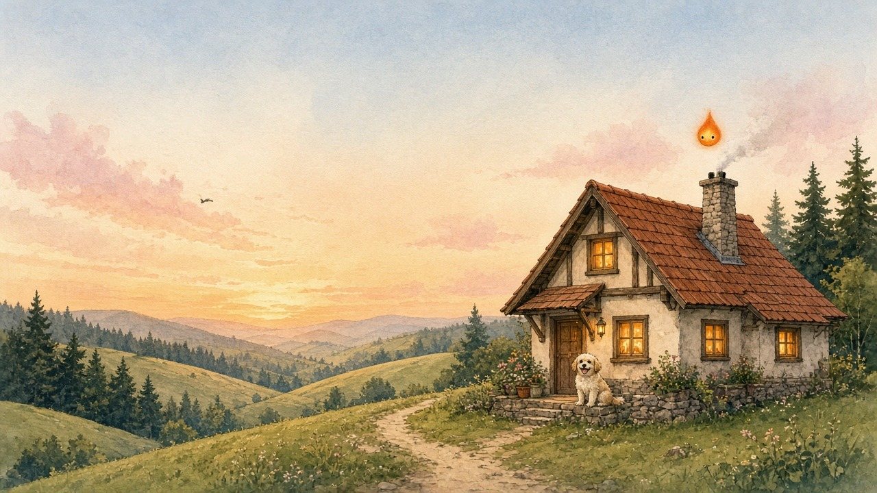 Akvarel: domek s červenou střechou na kopcích Vysočiny při západu slunce. Na zápraží sedí krémový pes Roky, nad komínem se vznáší malá oranžová jiskra.
